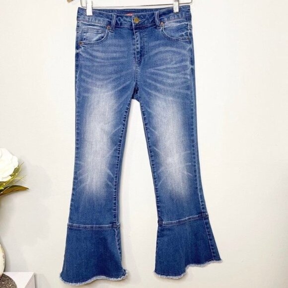Chelsea & Violet High Rise Flared Hem Crop Jeans Distressed Frayed Size 25 - Picture 3 of 11